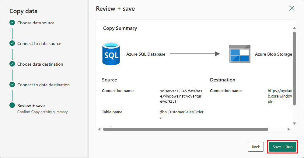 Screenshot showing how to review copy data settings.