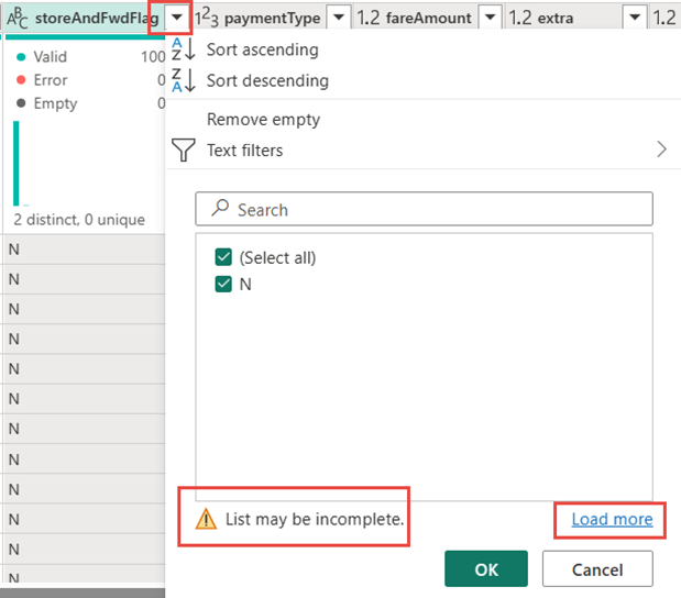 Screenshot showing the filter and sort dialog for the column.