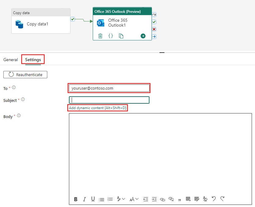 Screenshot showing the configuration of the Office 365 Outlook email settings tab.