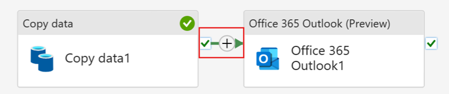 Screenshot showing the connection of the success output from the Copy activity to the new Office 365 Outlook activity.
