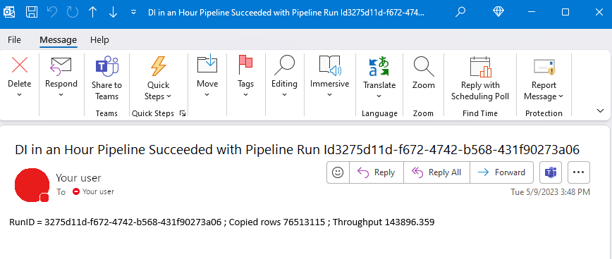 Screenshot showing the email generated by the pipeline.