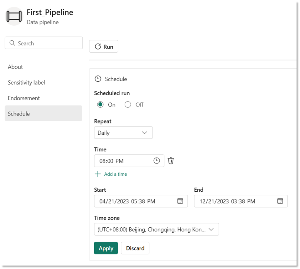 Screenshot showing the schedule configuration for a pipeline to run daily at 8:00 PM until the end of the year.