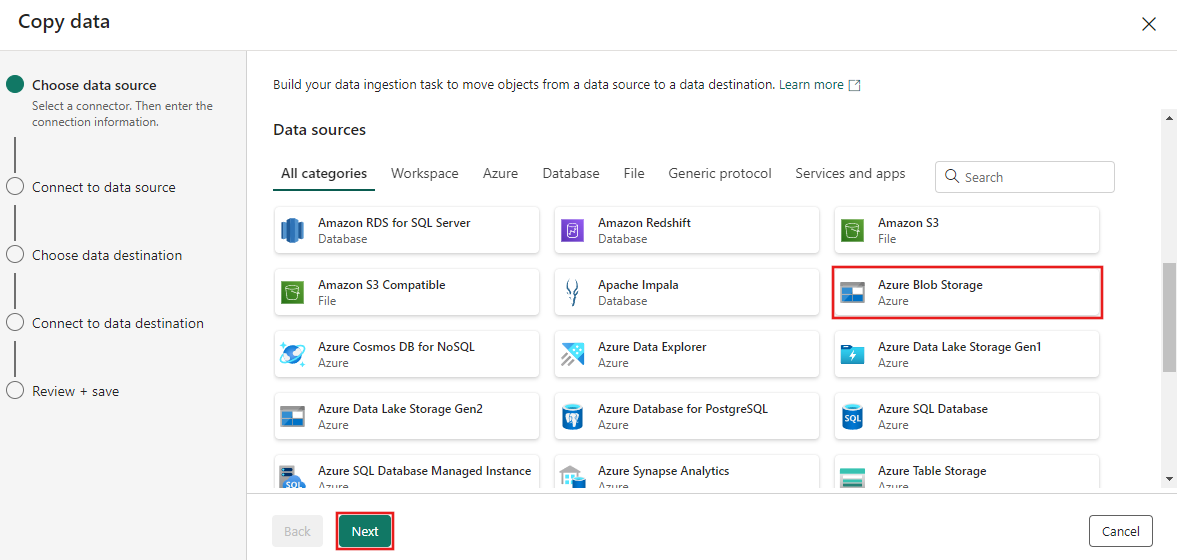 Screenshot showing the selection of the Azure Blob Storage data source type in the copy assistant on the Choose data source tab.