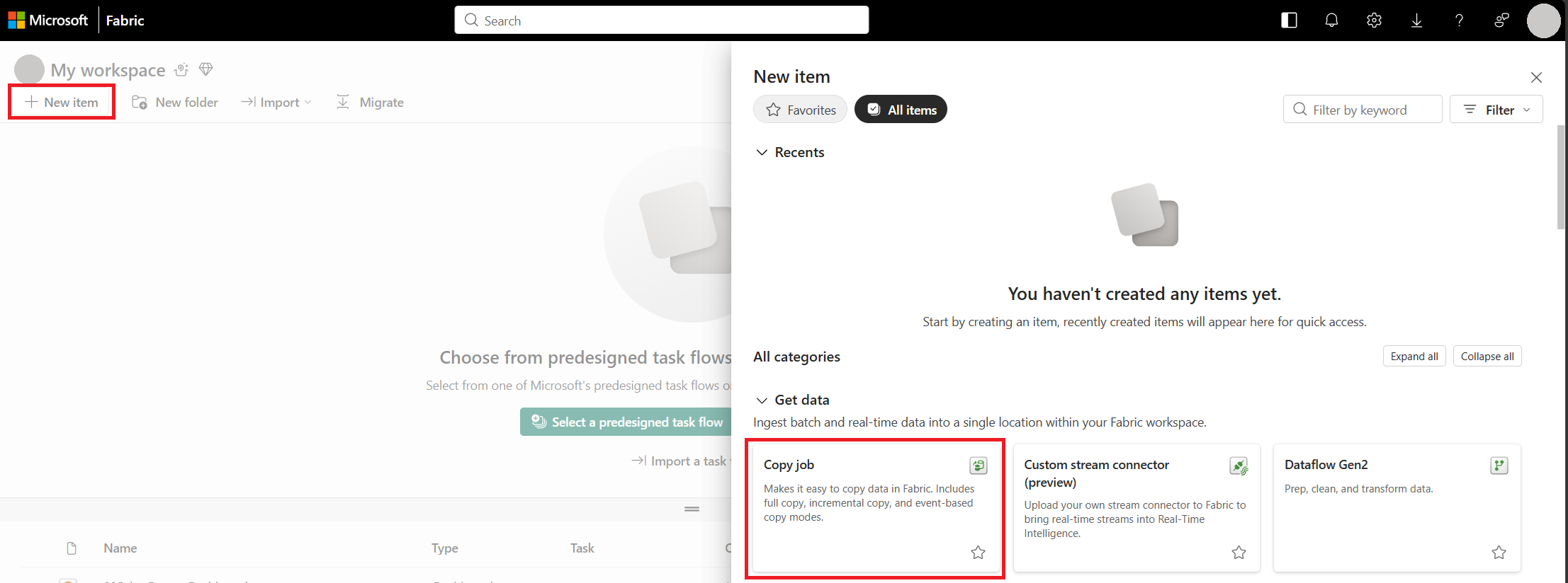 Screenshot of the workspace page with the button to create a new item, and then a new Copy job selected.
