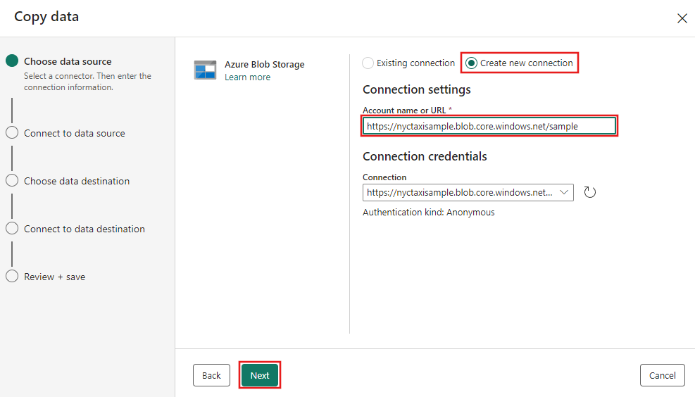 Screenshot showing the creation of a new Azure Blob Storage connection with the URL for the sample data in the tutorial.