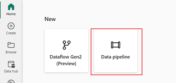 Screenshot of the Data Factory start page with the button to create a new data pipeline selected.