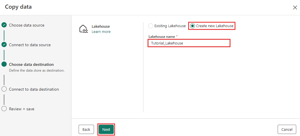 Screenshot showing the data destination configuration page of the Copy assistant, choosing the Create new Lakehouse option and providing a Lakehouse name.
