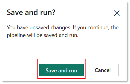 Screenshot showing the Save and run dialog with the Save and run button highlighted.