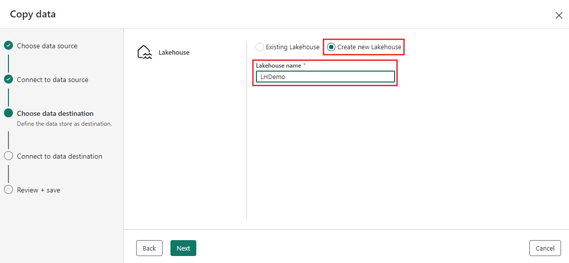 Screenshot showing the Create new lakehouse option with the name LHDemo specified for the new Lakehouse.
