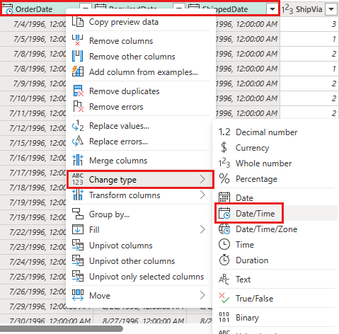 Screenshot showing the change datatype function.