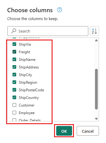 Screenshot showing the choose columns orders table.