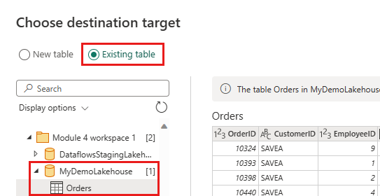 Screenshot showing the existing orders table.