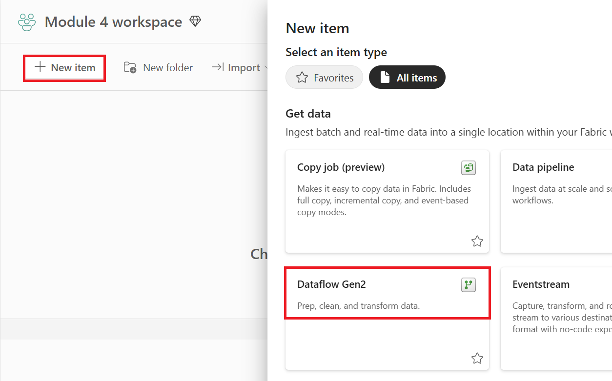 Screenshot showing the create dataflow dropdown.