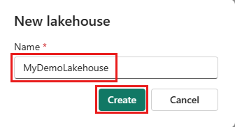 Screenshot showing the create lakehouse dialog.