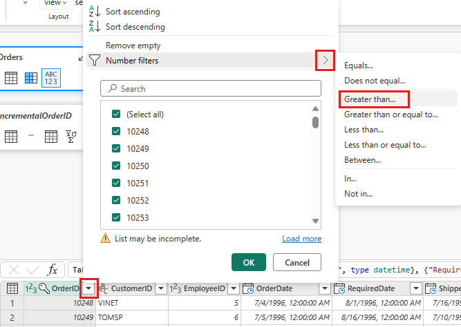 Screenshot showing the orderid greater than filter function.