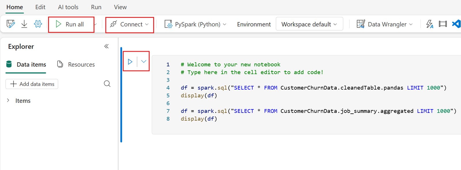 Screenshot of the methods to start a new session in a Fabric notebook.
