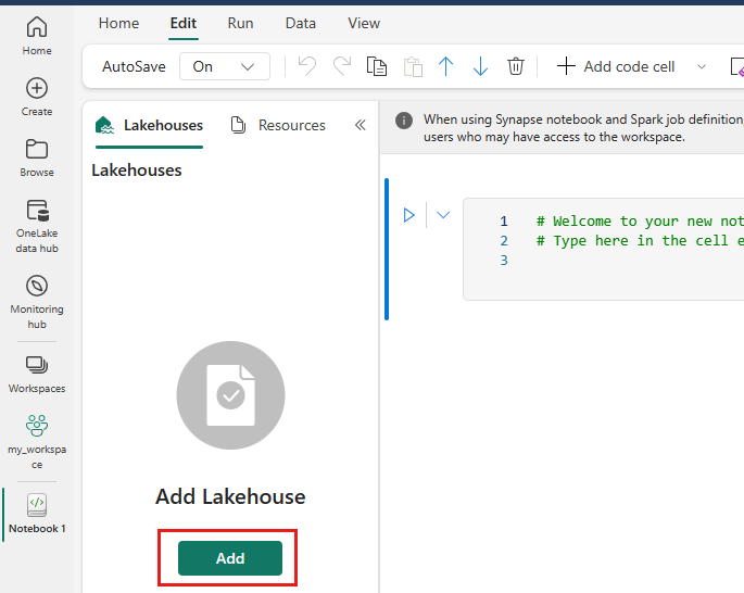 Screenshot of how to add a lakehouse to your notebook.