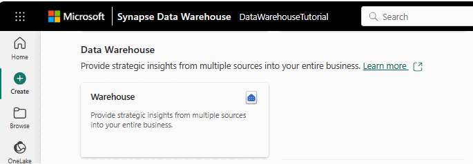 Screenshot showing where to select the Warehouse card in the Create hub.