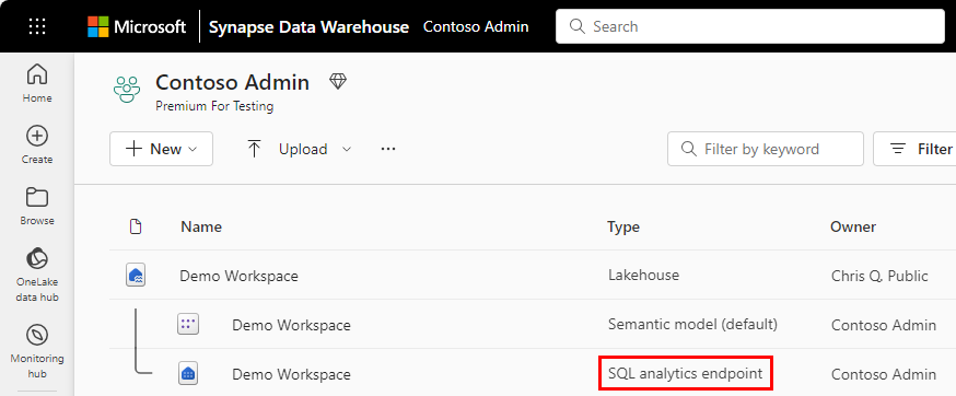 Screenshot showing the SQL analytics endpoint type in workspace.