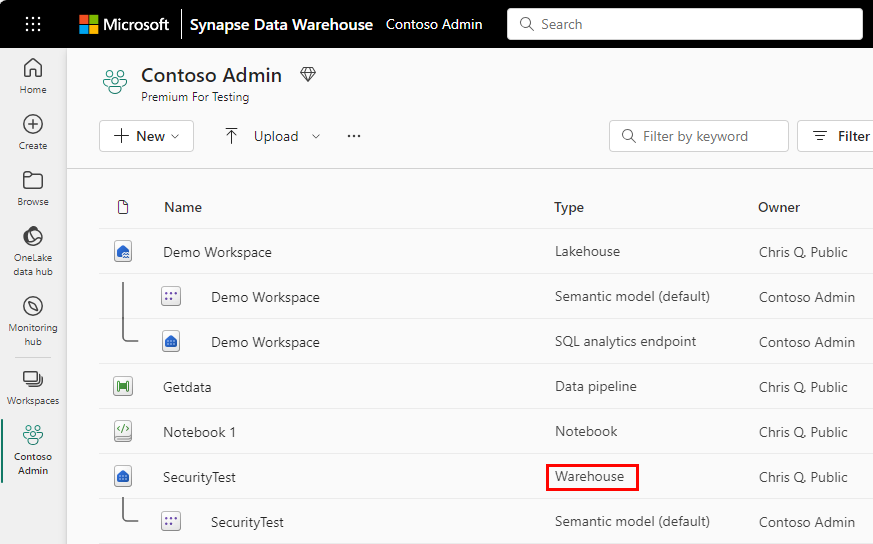 Screenshot showing the Warehouse type in workspace.