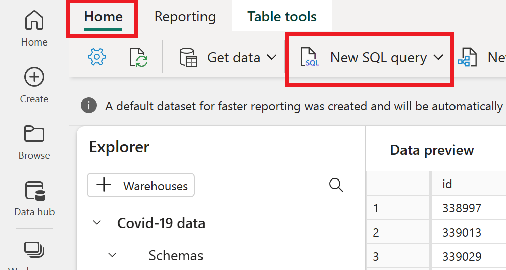 Screenshot of the top section of the user's workspace showing the New SQL query button.
