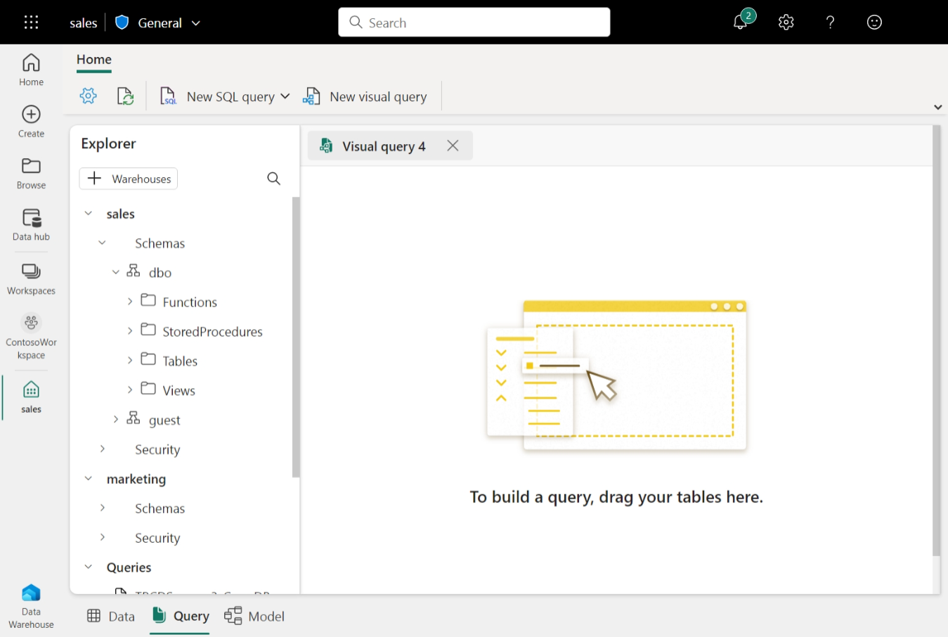 Screenshot of a new query tab in the visual query editor of the Fabric portal.