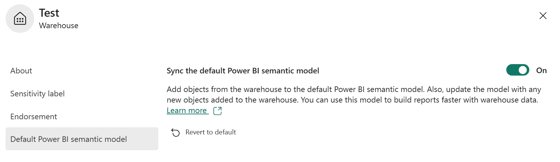 Screenshot from the Fabric portal showing the setting Sync the default Power BI semantic model is enabled.