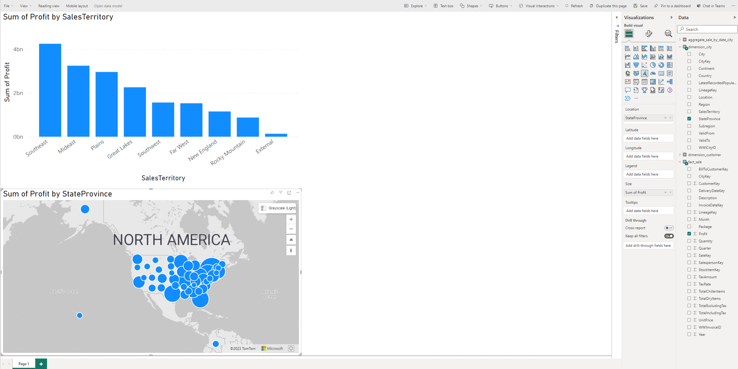Screenshot of the canvas next to the Visualization and Data panes, showing a bar chart and a map plot on the canvas.