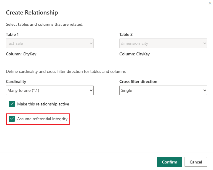 Screenshot of the Create Relationship screen, showing the specified values and where to select Assume referential integrity.