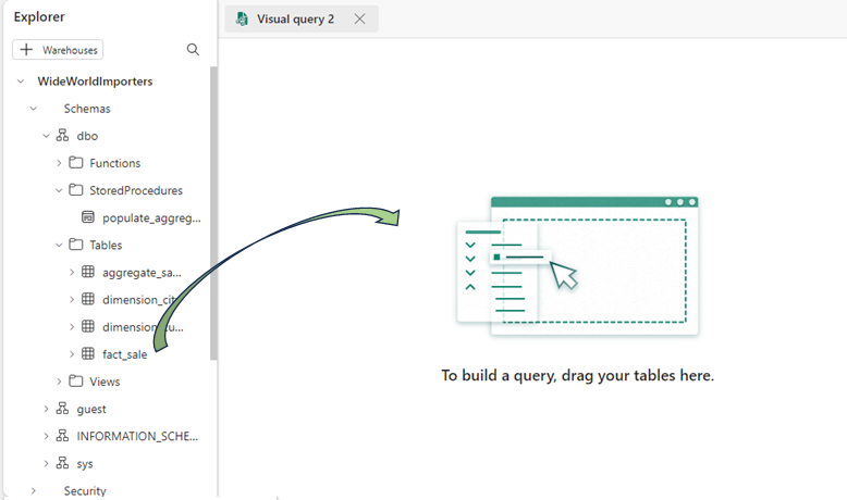 Screenshot of the explorer pane next to the query design pane, showing where to drag the table.