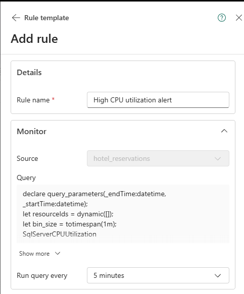 Screenshot of the Activator Add rule pane showing Details and Monitor sections, with the rule name High CPU utilization alert and a 5-minute query frequency.