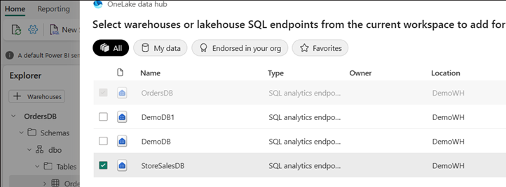 Screenshot of the OneLake data hub with multiple mirrored database endpoints.
