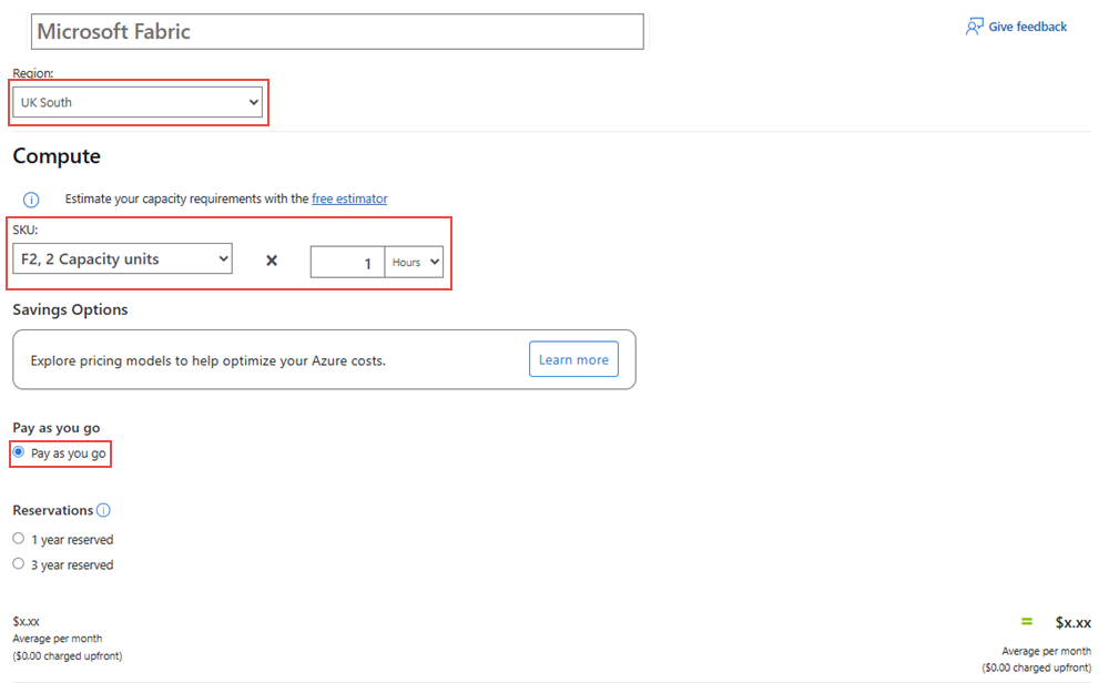 Screenshot showing estimated cost for the selected region.
