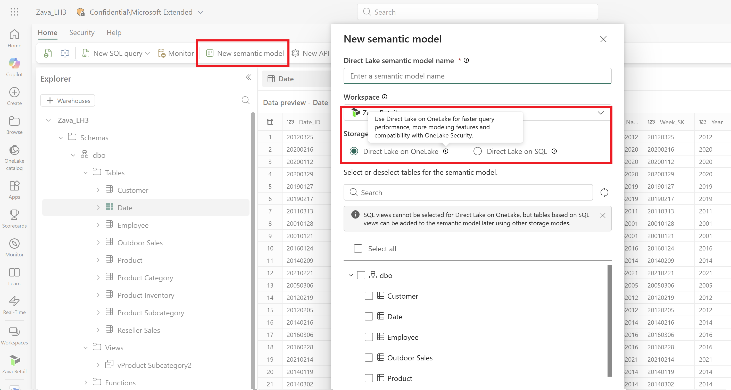 Screenshot showing the Direct Lake type selection dialog when creating a semantic model from the SQL analytics endpoint page.