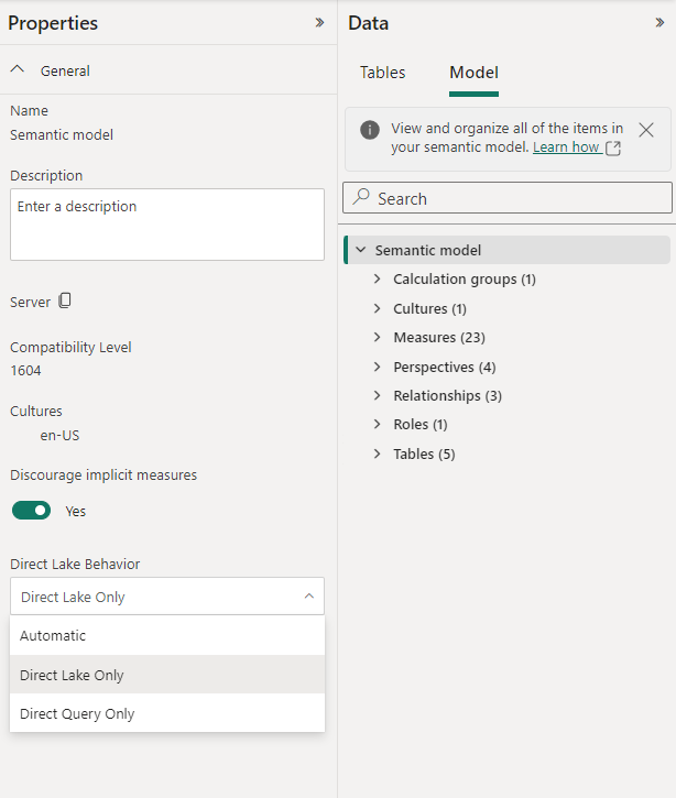 Screenshot showing the Direct Lake behavior dropdown with Automatic, Direct Lake Only, and DirectQuery Only options.
