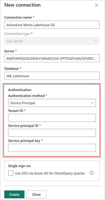 Screenshot of authentication credentials specified in new connection settings.