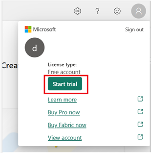 Screenshot of the Microsoft Fabric Account manager.