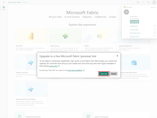 Screenshot of the Microsoft Fabric Start trial icon.