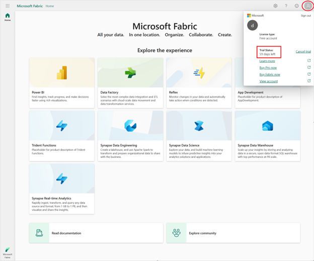 Screenshot of the Microsoft Fabric (Preview) trial status.