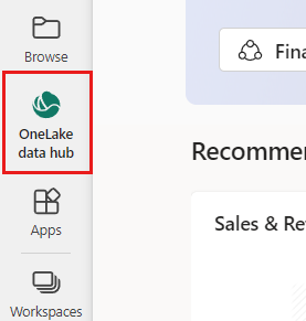 Screenshot showing how to open the OneLake data hub.