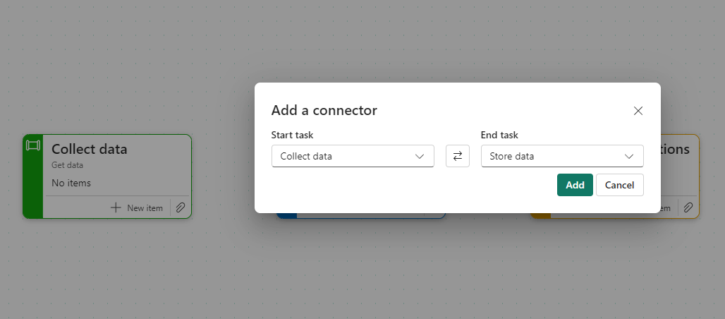 Screenshot showing how to specify the start and end tasks in the add connector dialog.
