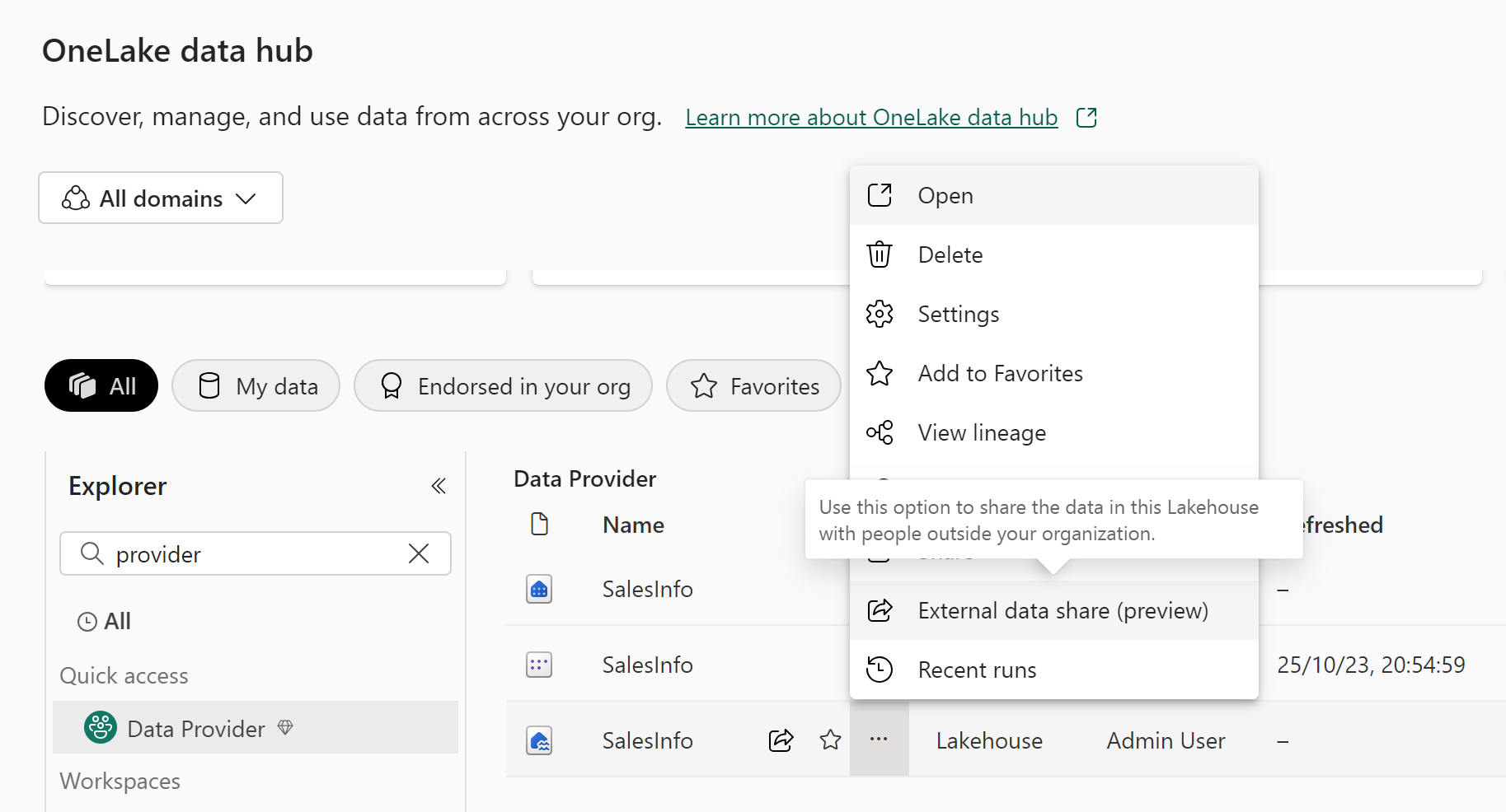 Screenshot showing the external data share option in an item's options menu.