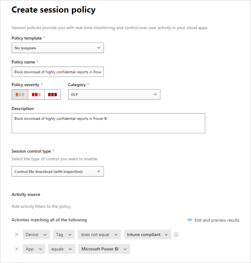 Screenshot of the Defender for Cloud App Security window showing the create session policy configuration panel.