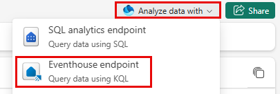 Screenshot of the Analyze data with button expanded to see the SQL analytics endpoint and Eventhouse endpoint options.