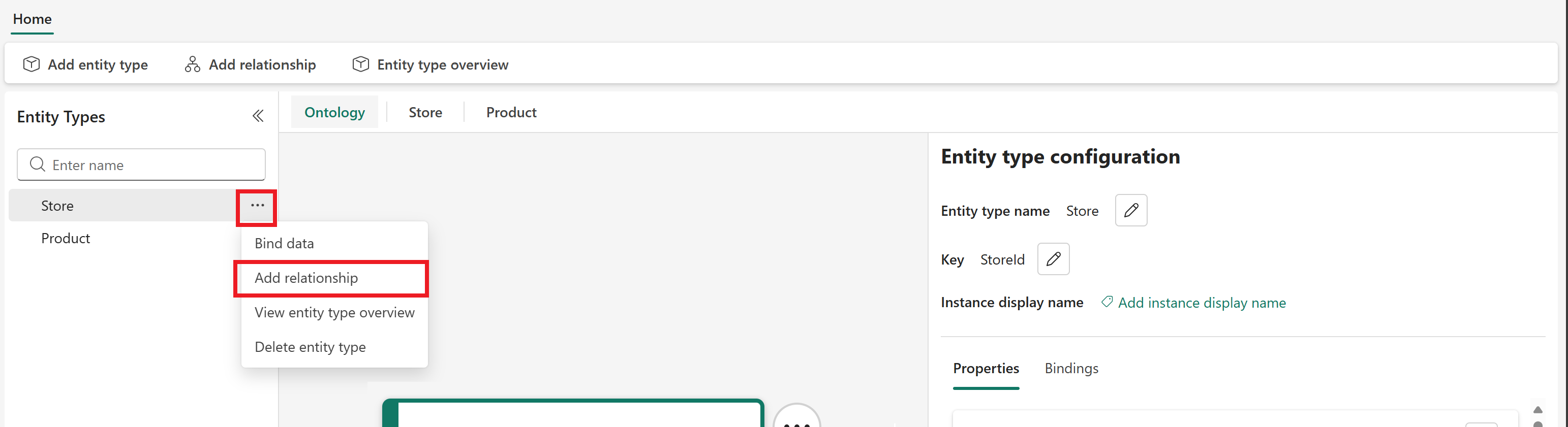 Screenshot of the Add relationship type option for an entity.
