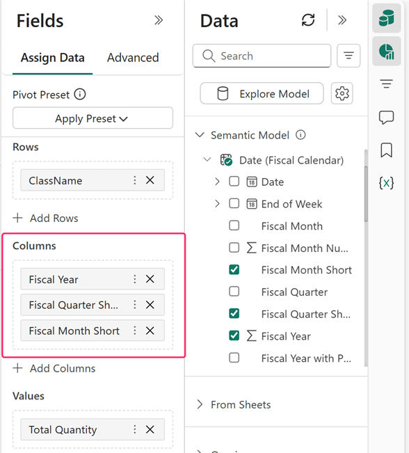 Screenshot of the Fields pane with Fiscal Year, Fiscal Quarter Short, and Fiscal Month Short highlighted in the Columns area.