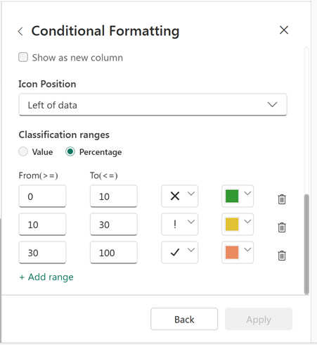 Screenshot of classification range.