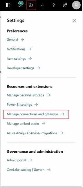 Screenshot of opening the manage connection gateways settings.