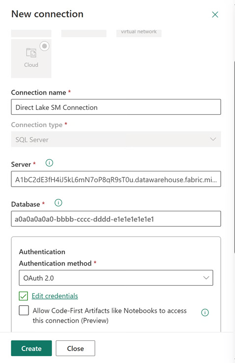Screenshot of creating a new direct lake connection.