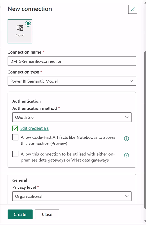 Screenshot of new semantic model connection.